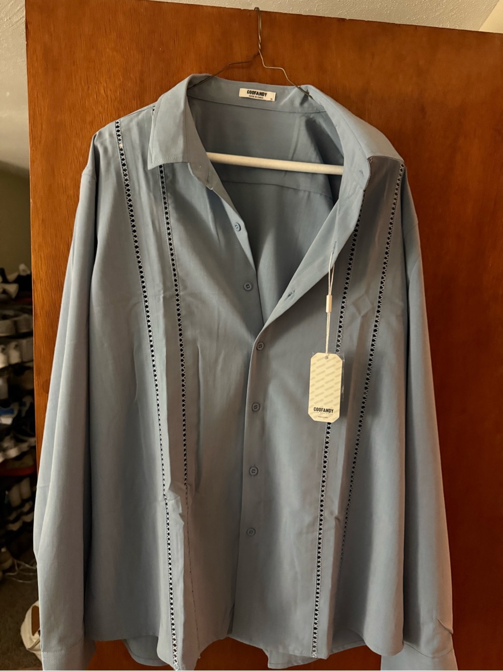 Casual Light Blue Men's Button-Down Shirt with Eyelet Trim
